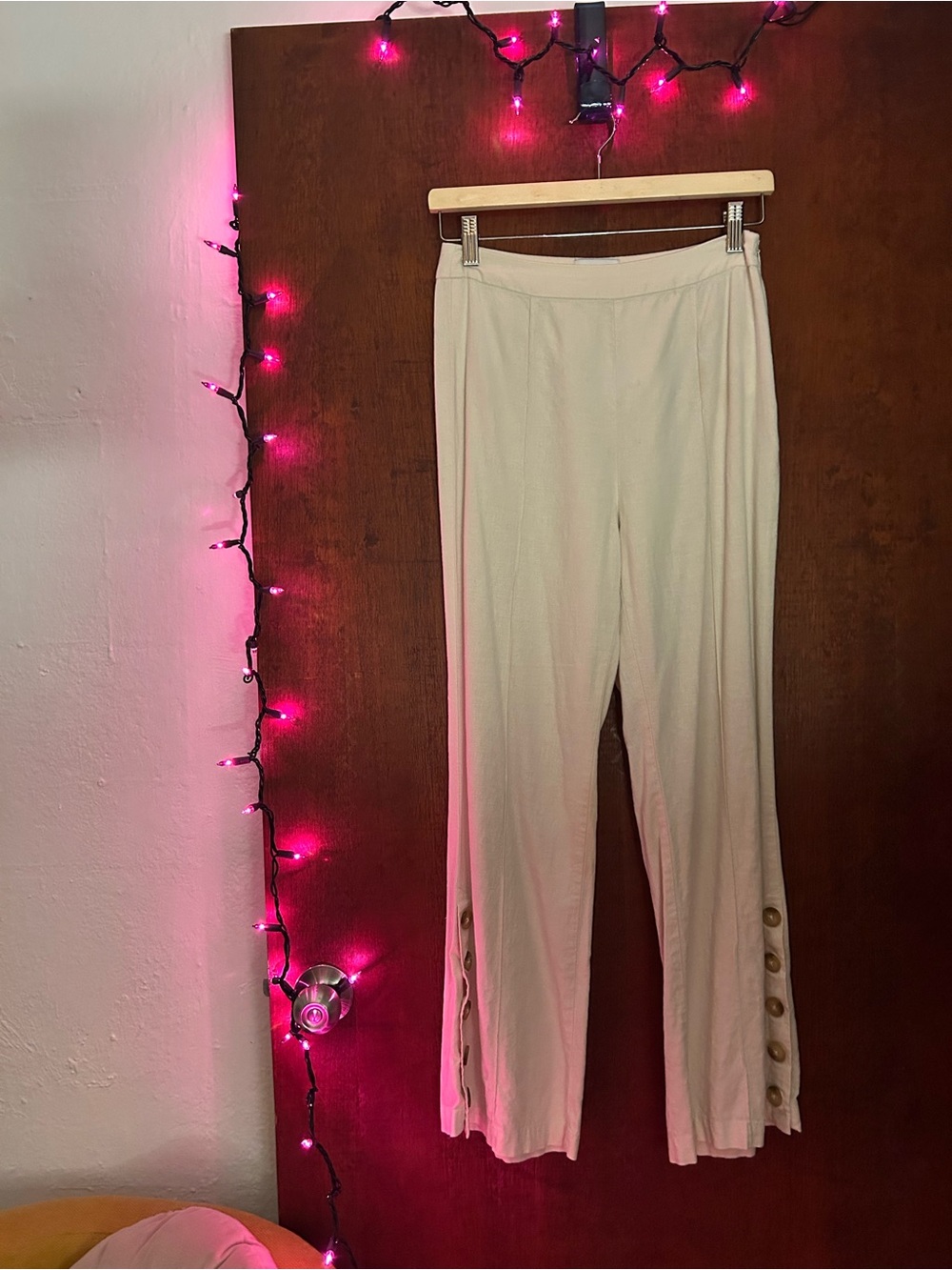 Urban Outfitters Cream Straight-Leg Button-Hem Pants